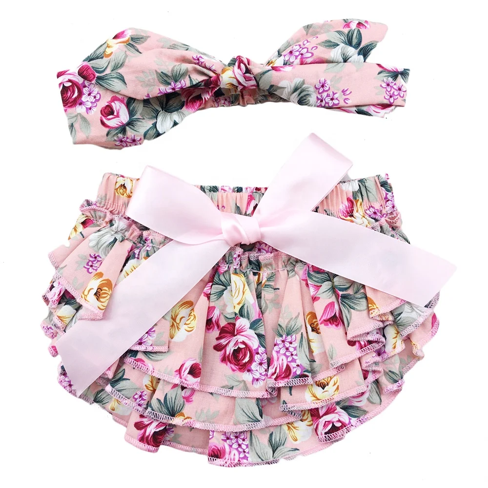 Custom no elastic 100% cotton print baby girl floral ruffle cute bloomers and bow headband set