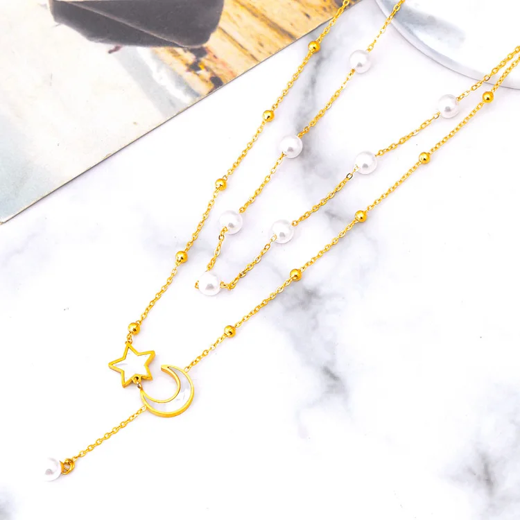 NJC New Arrivals Double Layer 18K Gold Plated Stainless Steel Stars And Moon Pendant Necklace