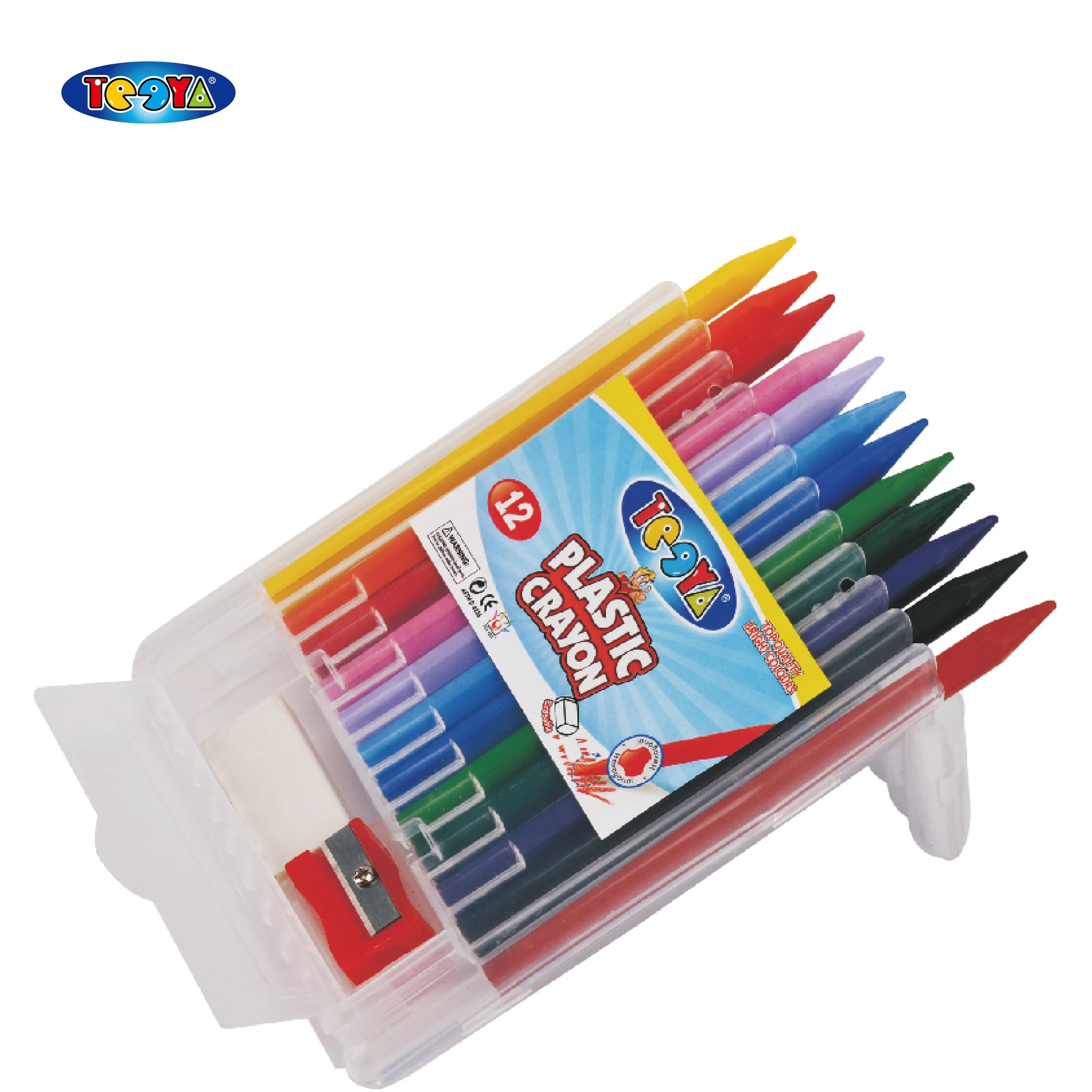 
12COLOR 8*115MM HEXAGONAL PLASTIC CRAYON IN PP BOX WITH SHARPENER & ERASER ENLOSED 