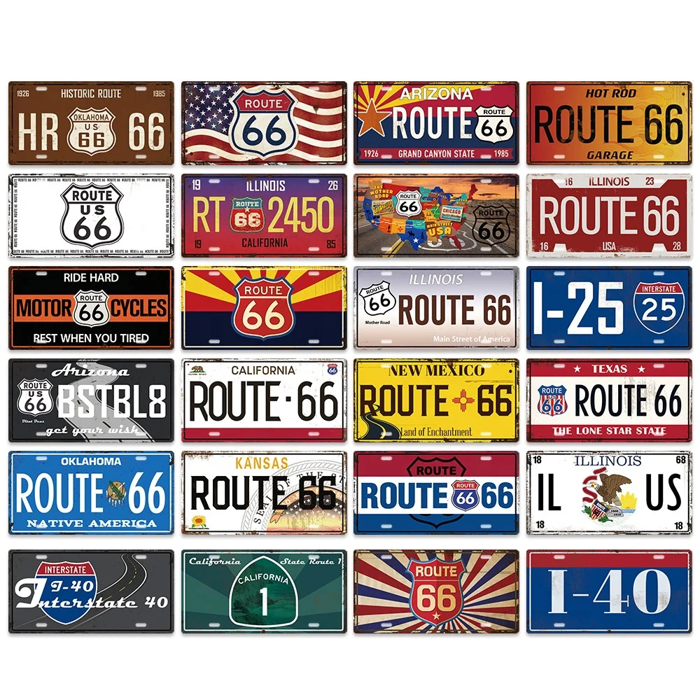 Putuo Decor Route 66 Car License Plate Metal Sign America Tin Printing Sign Garage Man Cave Decor