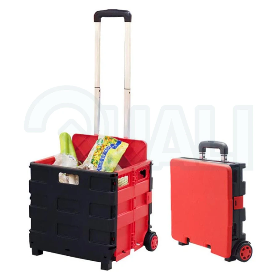 Quali New Handcart Shopping Trolley Wheel Box with Lid Collapsible plastic picnic camping basket