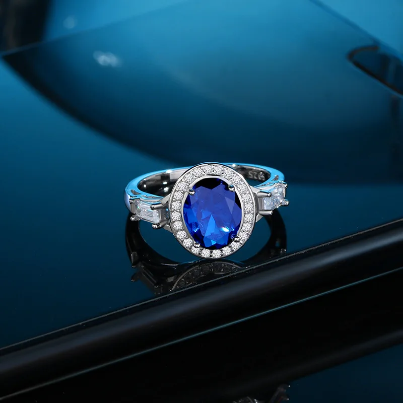 Retro Platinum Plated Women Square Blue Stone Cubic Zirconia 925 Sterling Silver Ring