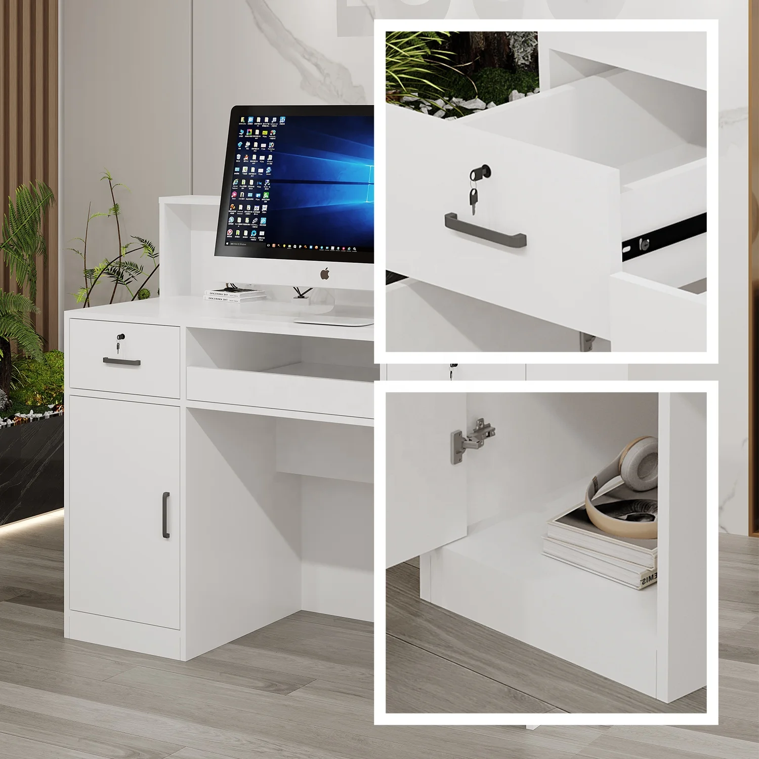 Customize Color Lighted Display Shelf Counter Table Lockable Drawers Reception Desk