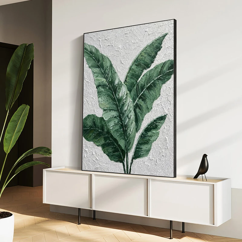 Pure hand-painted Minimalist Modern Tropical Plants Leaves Canvas Painting Wall Picture for Wall Decor