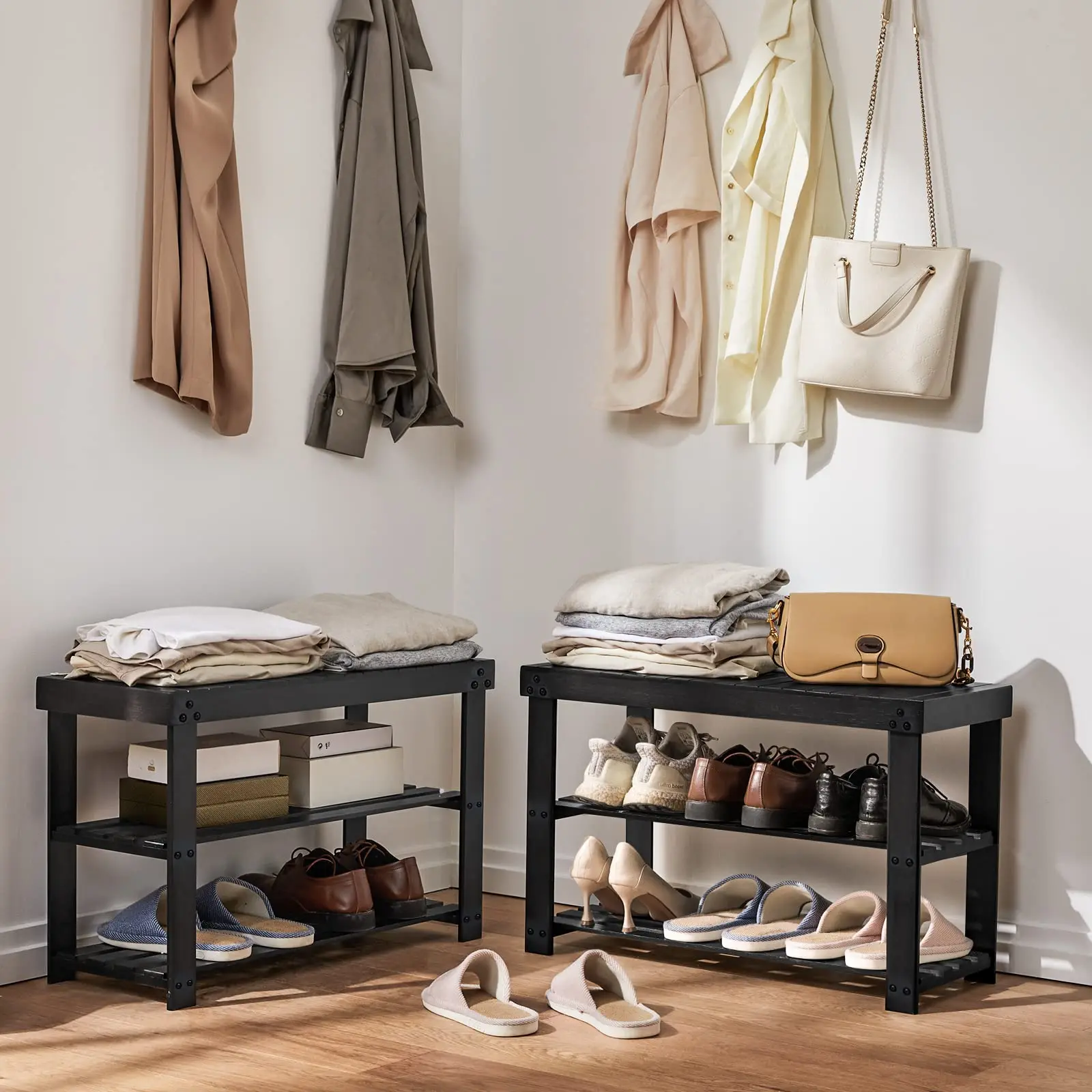 Wholesale Armario Para Zapatos Easy Assemble Bamboo 3 Tier Small Wood Bench Indoor Black Shoe Rack For Entryway