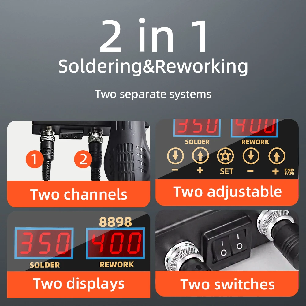 2024 8898 SMD Rework Multi-functional Soldering Station Soldering Iron Heat Gun with Adjustable Temperature and Air Volume