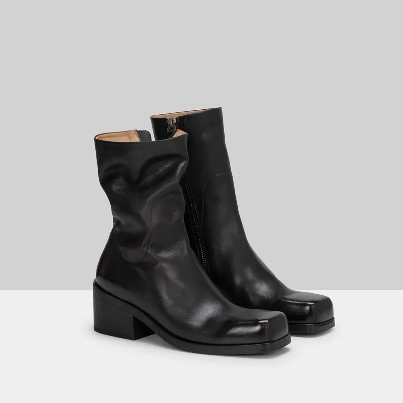 Classic Femme Boot Custom Square Toe Chunky Heel Mid-calf Boots Genuine Leather Casual Zipper Western Women Black Ankle Boots