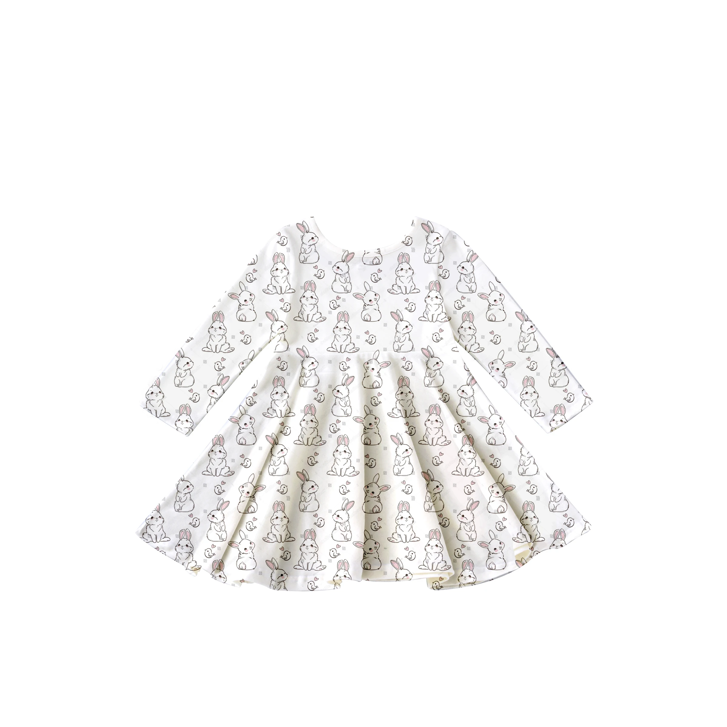 Girlymax 2023 Easter Eggs Spring Little Bunny Long Sleeve A-LIne Twirl Knee Length Baby Girls Dresses Kids Clothing