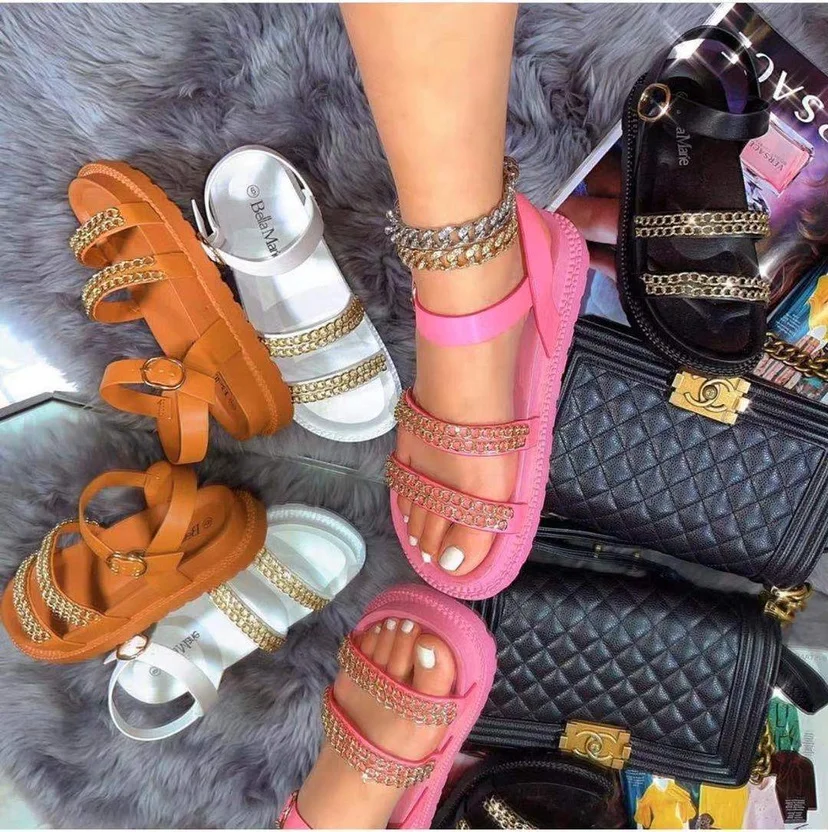 
Popular Femme Sandale Rope Flat Chain Ankle Strappy Female Footwear Cozy Orange Platform Slide Thick Outdoor Sandals 