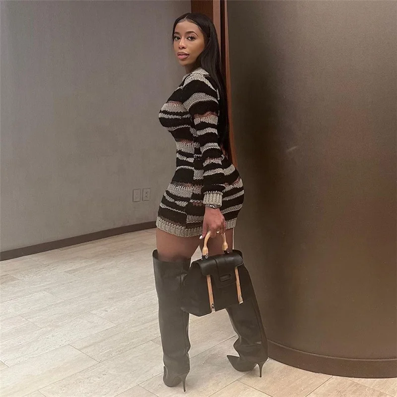 New Arrival Knitted Fall Clothing For Women 2023 Long Sleeve Knitting Stripe Ripped Dress Ladies Sexy Knit Bodycon Dresses