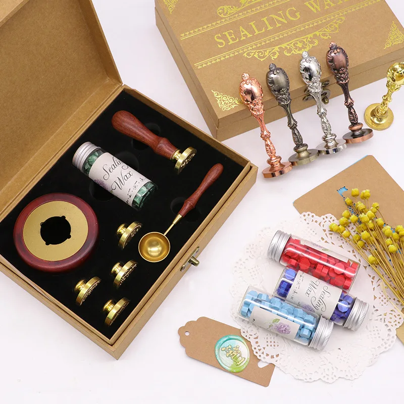European Style Kraft Paper Color Gift Box Sealing Wax Stove 5 Gold Metal Brass Heads Heart Wax Stamp Melting Spoon Set