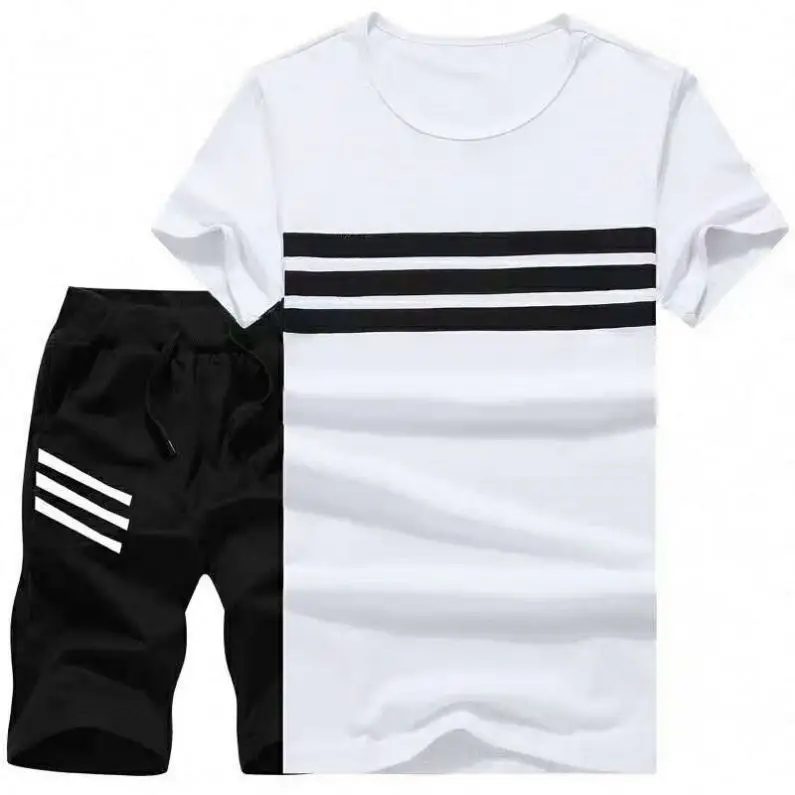 
Summer Men Striped Two Piece Sport Suit Set Short Sleeve gym T shirt Shorts men shorts and shirt set 