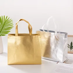 Wholesale custom reusable bride gift foldable shopping bag gold silver rose gold lamination metallic laser non woven fabric bag