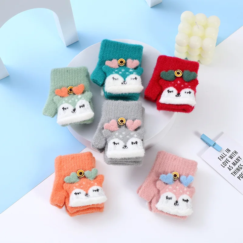 Woolen Knit half finger flip gloves cute deer pattern Mittens Children warm gloves