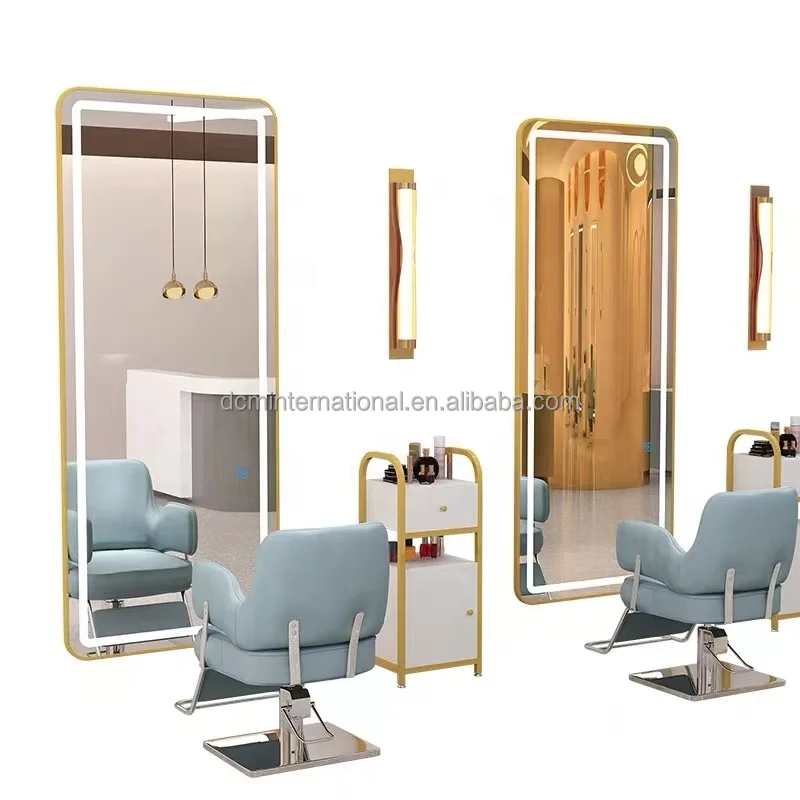 Luxury wall mounted single sided salon mirror station with led light barbershop mirror station