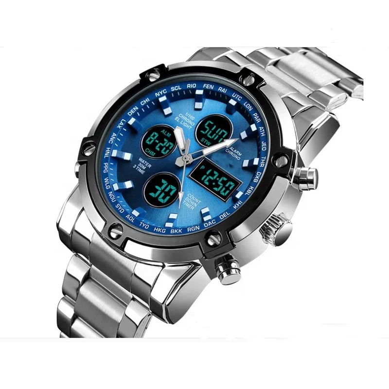Мужские спортивные часы с двойным механизмом, стальные часы со светящимся будильником, многофункциональные кварцевые часы