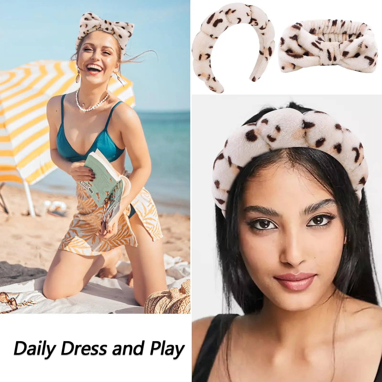 Makeup and Skincare Headbands, Leopard Sponge Hair Band Bow Tie Spa Headband for Washing Face Wristband Set Hair