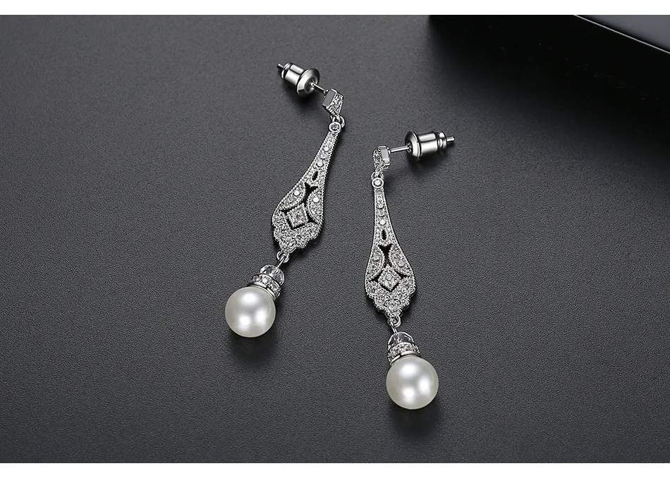 ROMANTIC Classical Pearl Long Bridal Wedding Earrings Rhodium Plated Brass Cubic Zirconia Earrings for Women