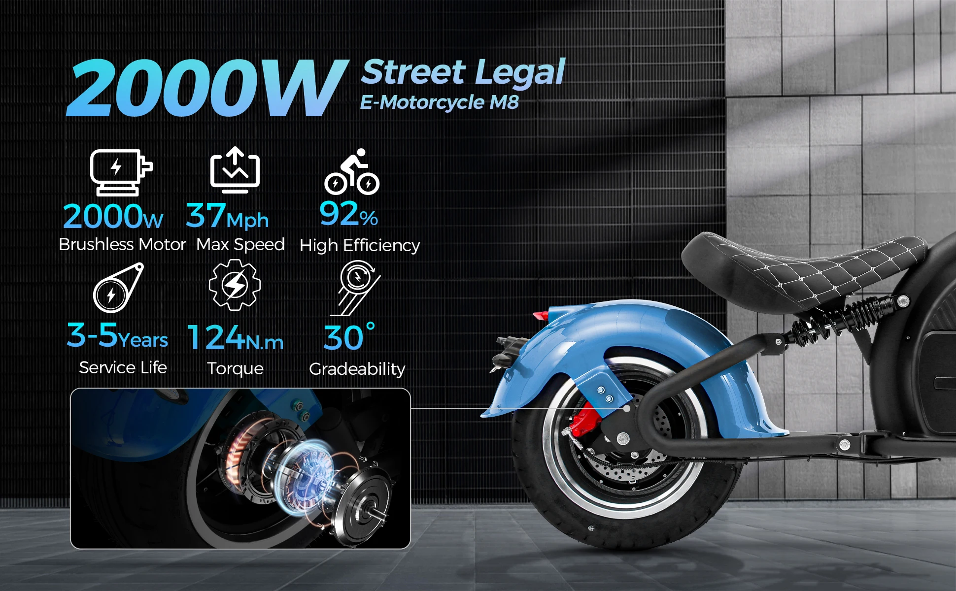 UNIEBIKE DOT Approved M8 Electric Motorcycle for Adults 37MPH 2000W Motor 60V 30Ah Lithium Battery Chopper Electric Scooter