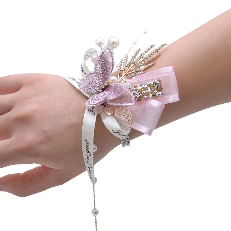 Luxury Butterflies Silk Ribbon Artificial Flowers Bracelet Wedding Accessories Bridal Bridesmaid Corsage Wrist Flower