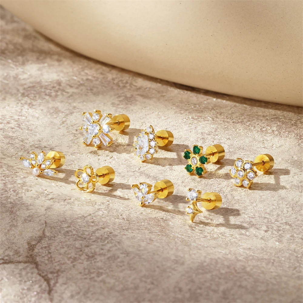 Classic 925 Sterling Silver Trio Stud Earrings Flower Love Shaped Leaf Collection White Cubic Zirconia Triple Stud Earrings Sets