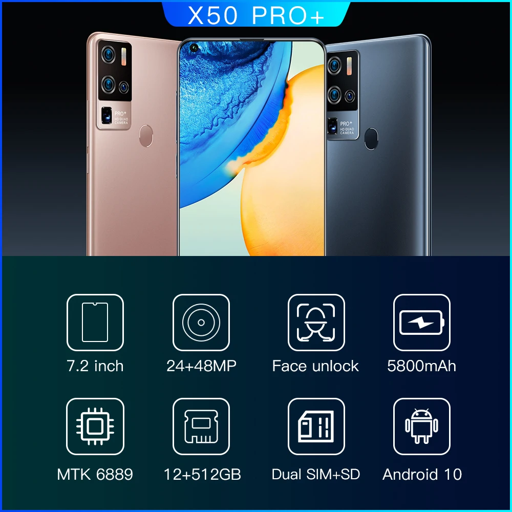 Смартфон X50 Pro 7 2 дюйма 3040x1440 MTK6889 Android 12 + 512 ГБ 5G 5800