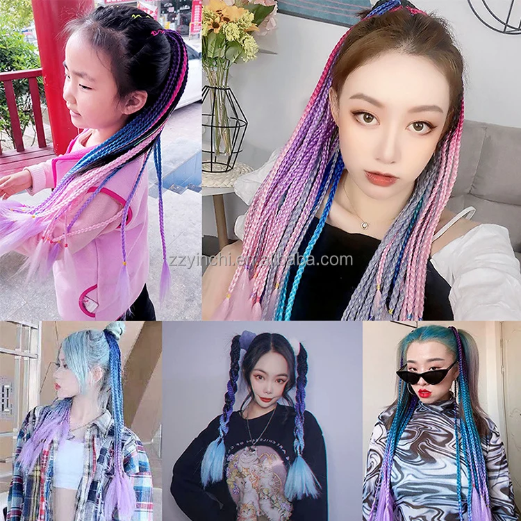 Ponytail Hair Holder Rubber Band Ring Wig 24 Inch Synthetic rainbow Braided for Kid Extensions