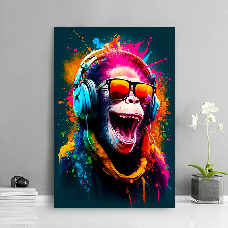 Monkey Wearing Headphones Graffiti Street Animal Pop Art Prints Hanging Painting Wall Art Picture for Home Room Decor