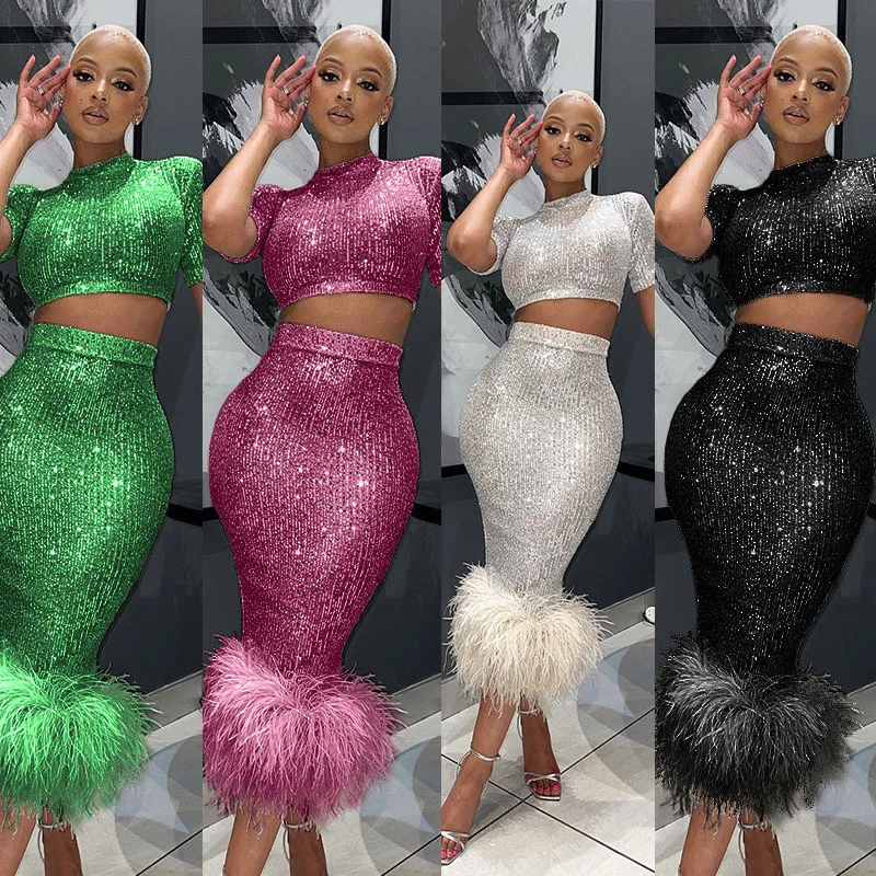Women Sequin Skirt 2 Piece Set Short Sleeve Slim Tops Hemline Artificial Feather Bodycon Skirt Matching Set 2022 Sexy Streetwear