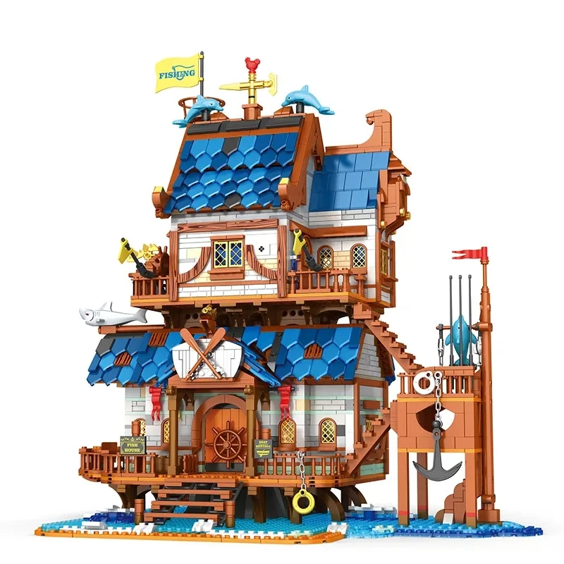 Reobrix 66007 Medieval Town Fishing Store Retro Scene MOC House Model Building Blocks Brick Set Christmas Gifts Toy
