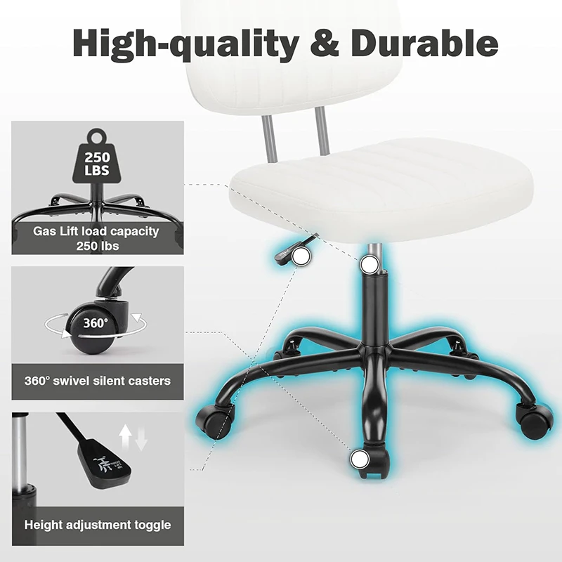 Small Armless Office Chair With Rolling Wheels Low Back Swivel Comfortable White PU Leather Computer Chair