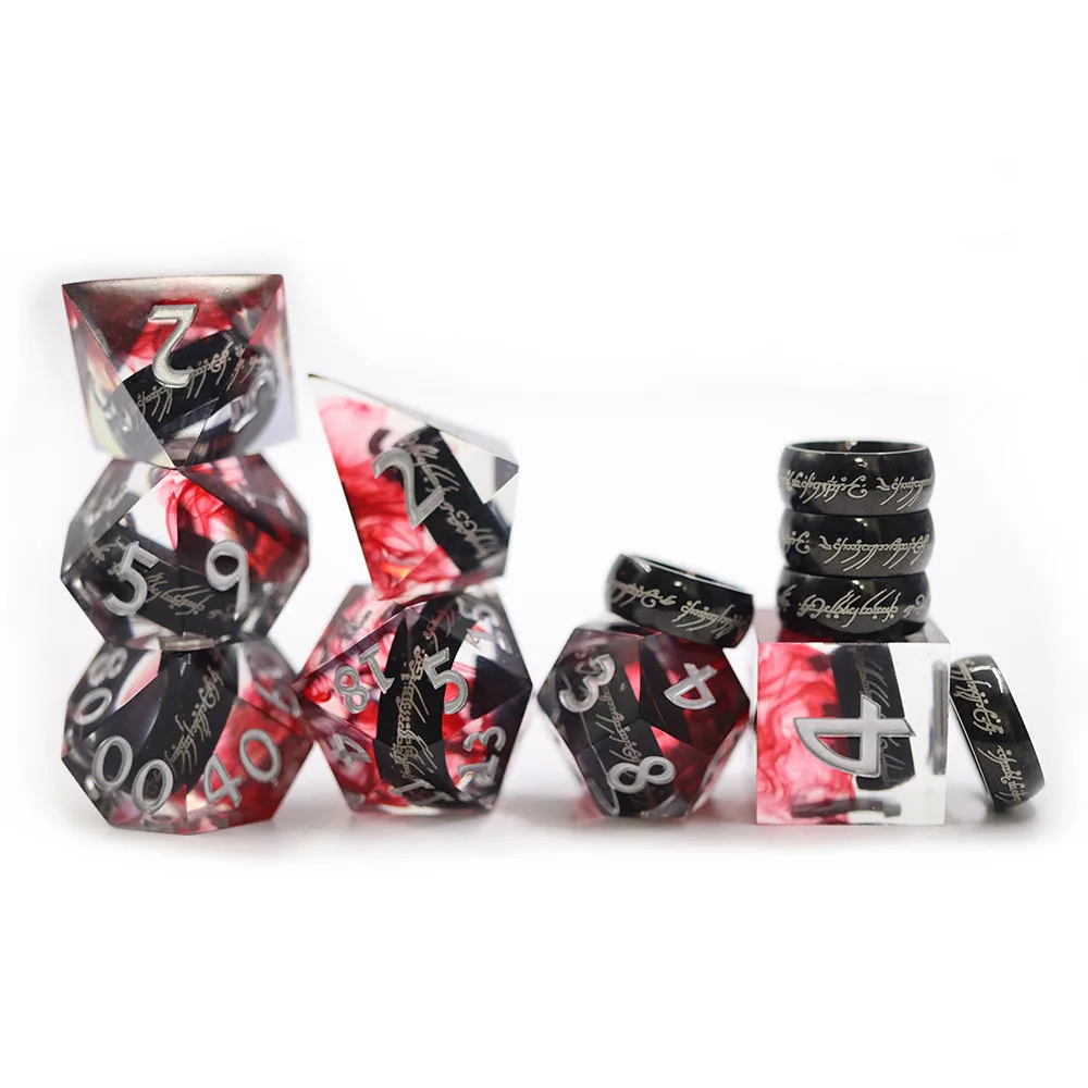 Transparent Sharp Edge Polyhedral Black Lord of the Ring Dice Set 7Pcs DND Game Dice Set With White Numbers