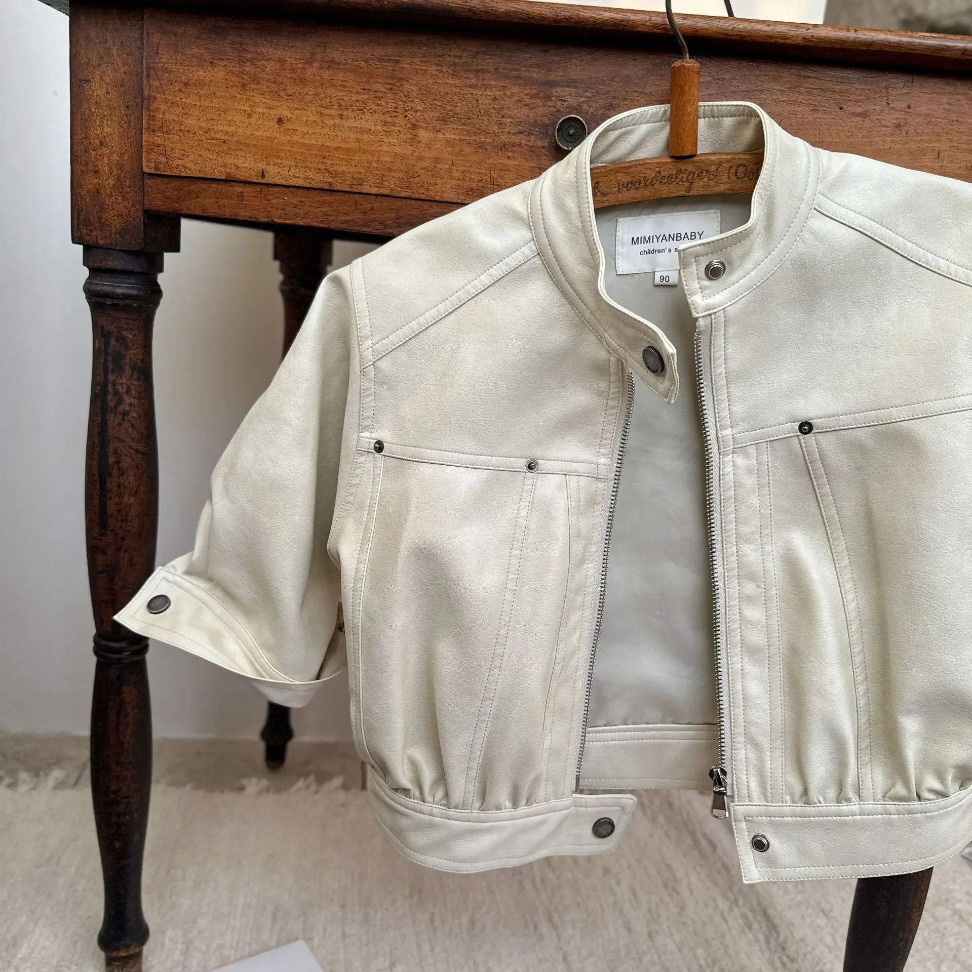 spring autumn children PU leather jacket infant toddler kids boy girls clothing solid brown beige coat
