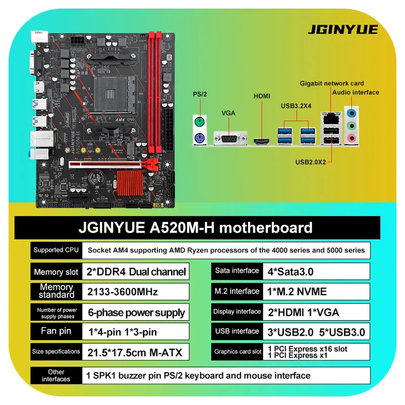 JGINYUE A520M-H M-ATX Motherboard AM4 supports AMD Ryzen R3 5 7 1/2/3/4/5th CPU processors DDR4 dual channel Memory RAM