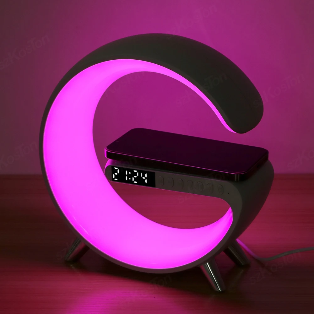 2023 New Arrived G-shape Atmosphere LED Night Light BT Speaker Music Lamp Alarm Clock Smart Light With 15W Wireless Charger