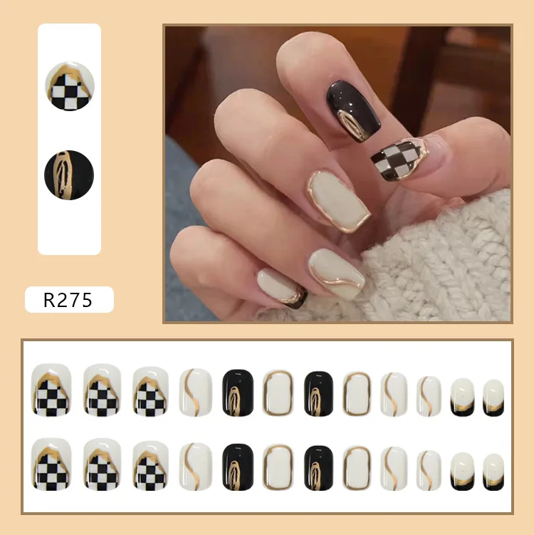 Cute New Middle square colorful classic golden sequins embroider press on nails diamond Polish Acrylic Artificial fingerNails