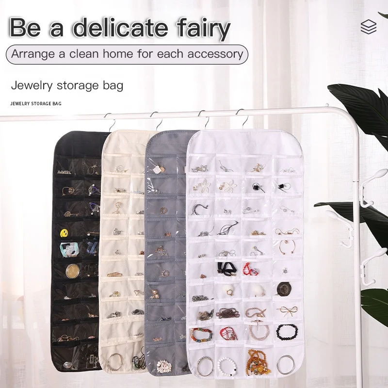 Two-sided 80 Pockets Hook Type Jewelry Pouch Storage Bag Wall Door Hanging Storage Organizer for Earrings Necklace