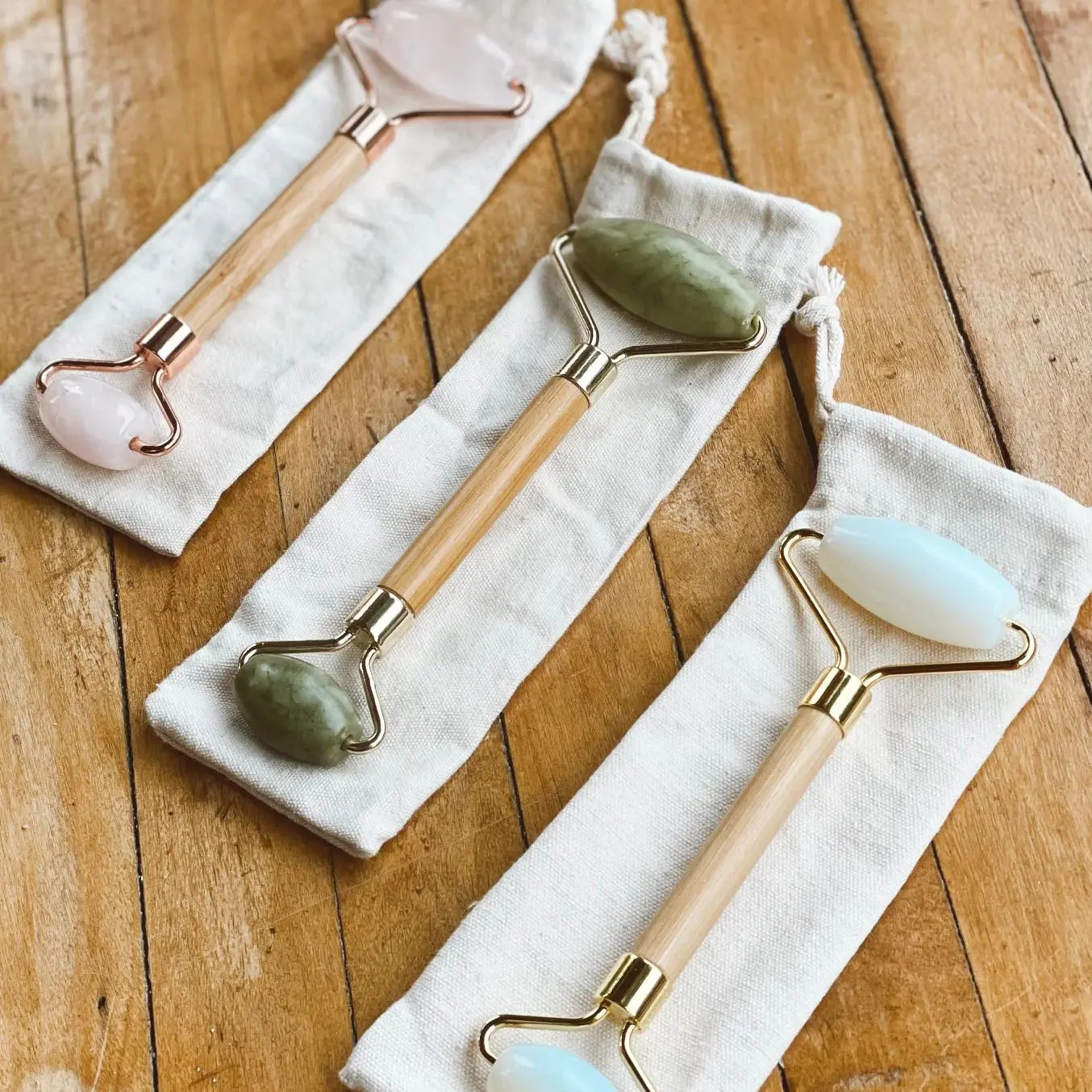 100% Natural Bamboo Handle Wood Jade Clear White Stone Crystal Rose Quartz Skincare Skin Care Gua Sha Facial Face Jade Roller