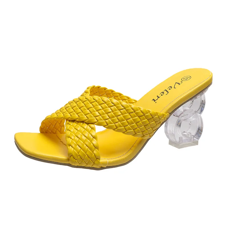 2021 summer new woven high heel crystal womens shoes square toe slippers