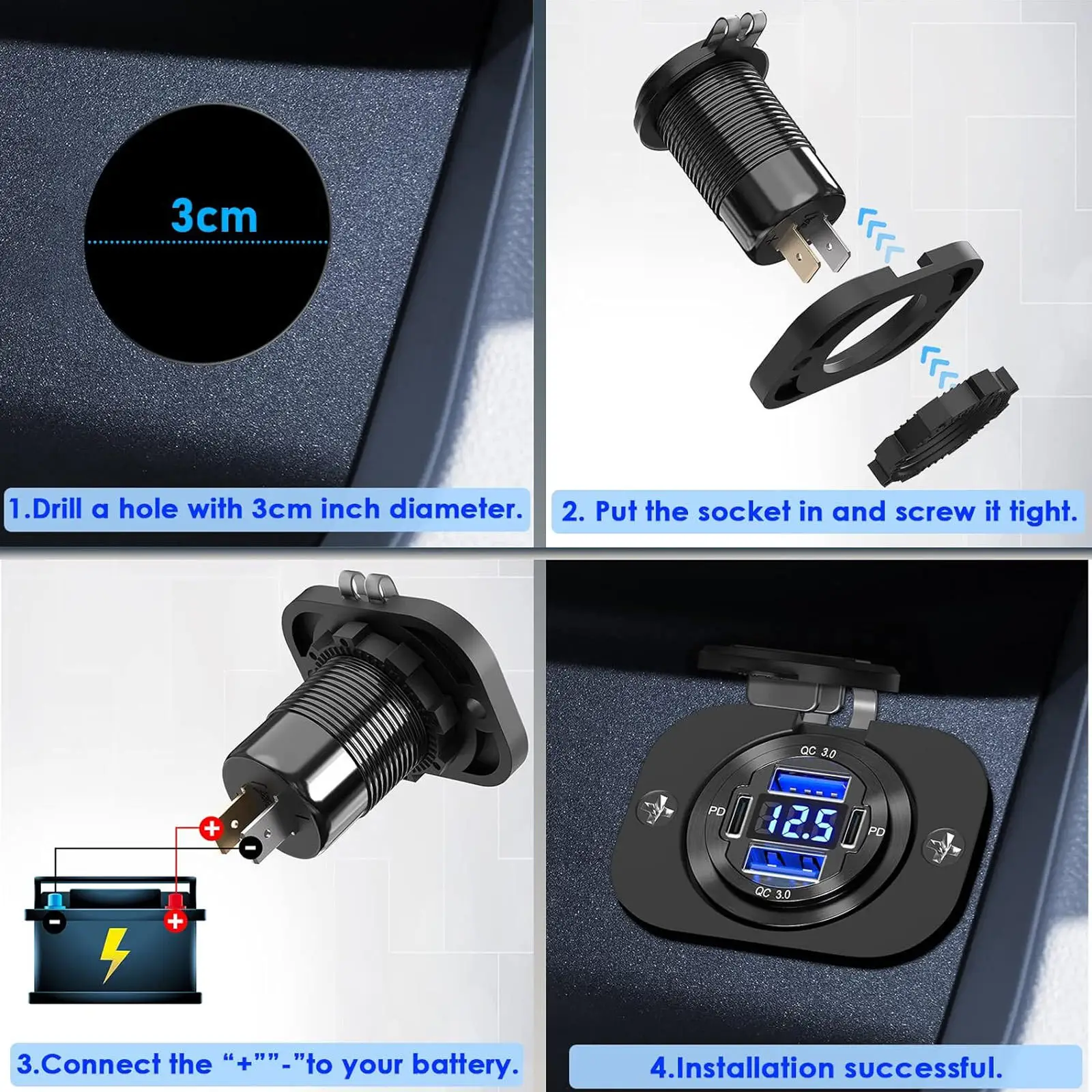 Quad-port USB and Type C Charger Socket Dual PD and Dual QC3.0 Fast Charging Triple Port Car Charger