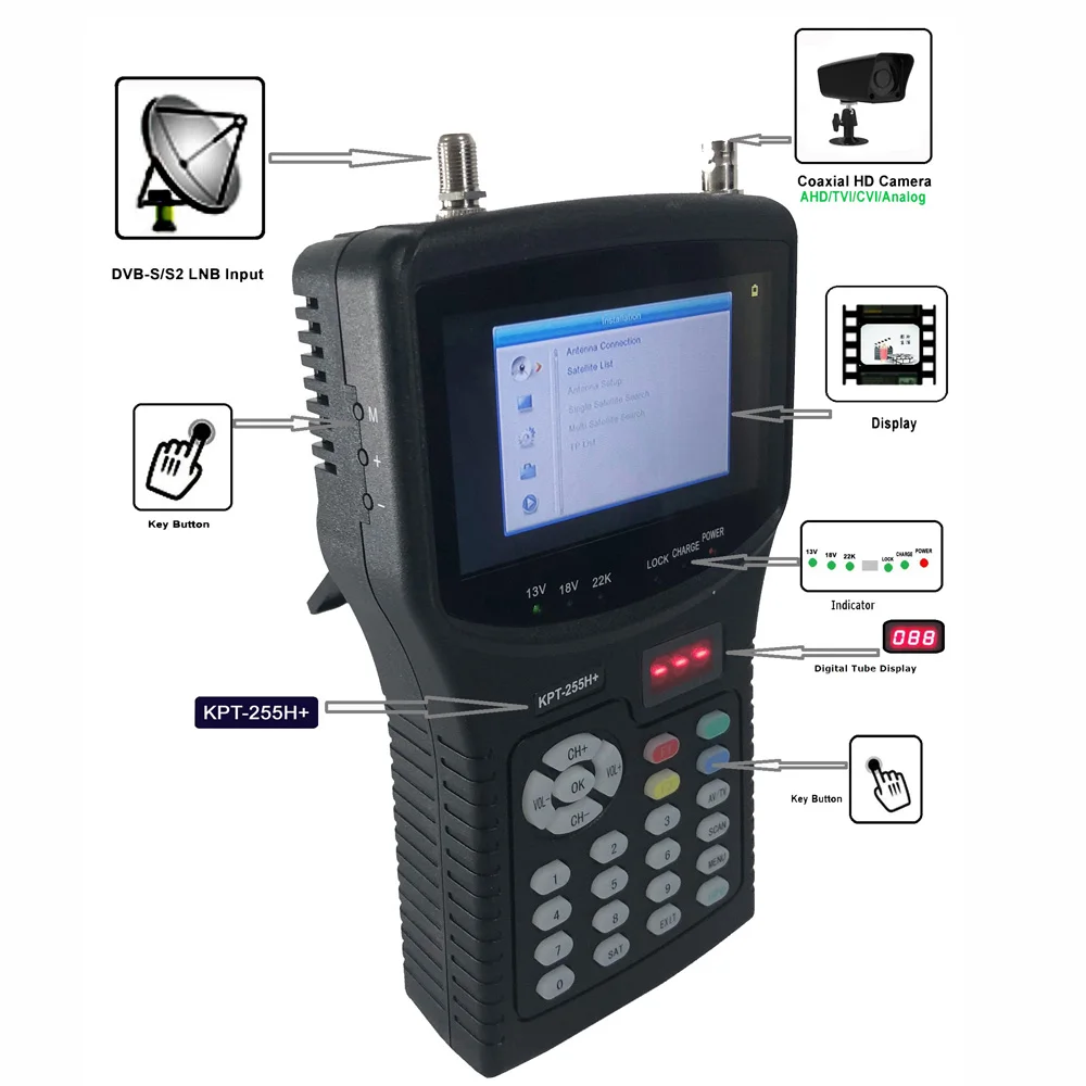 DVB-S/S2 & MPEG-4 Image and Signal + TVI / AHD Coaxial High-definition Image Test HD Digital Satellite Finder Meter