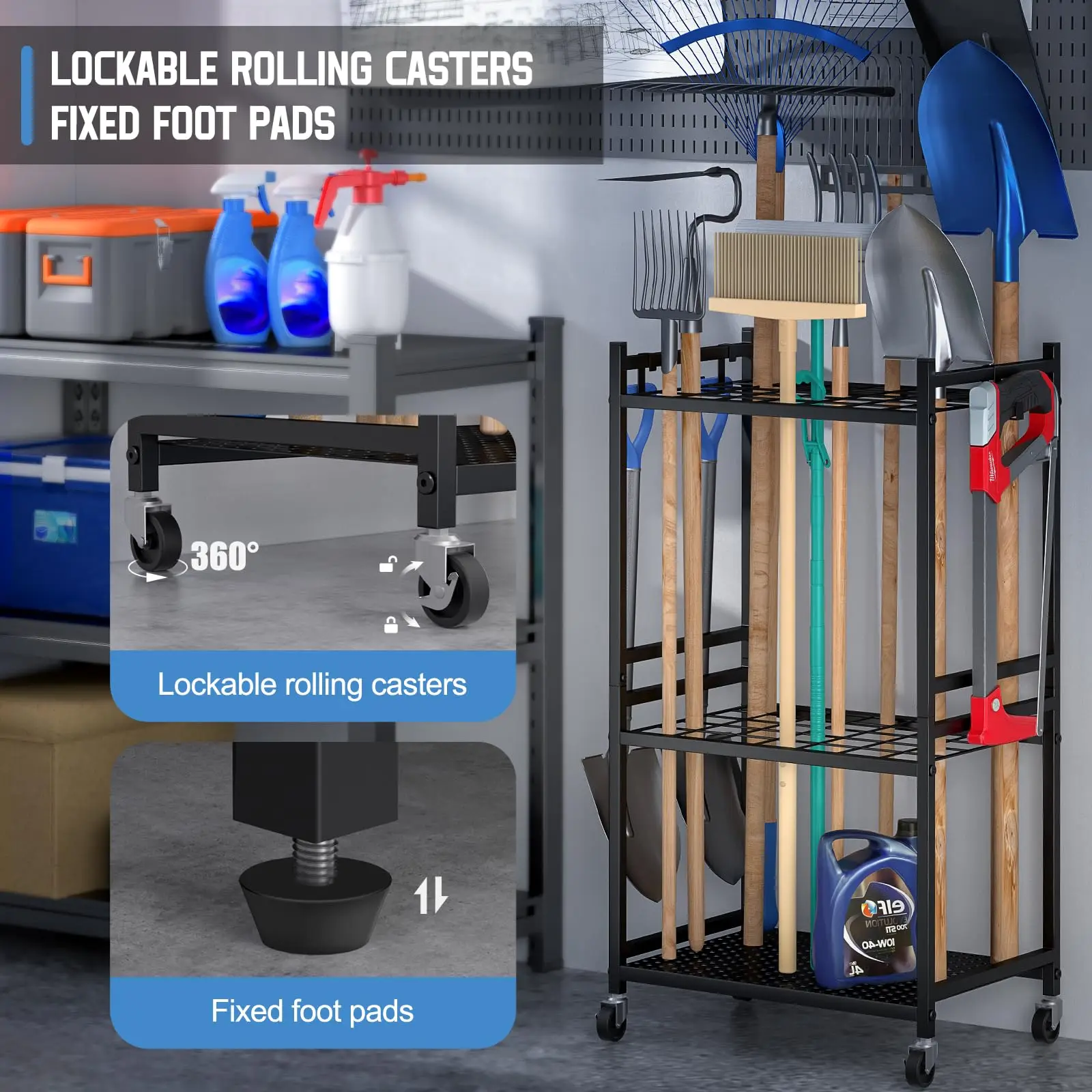 Black 3 Tiers Yard Tool Organizer Rack With 9 Hooks For Garage Multi-function Heavy Duty Garden Tool Storage Rack