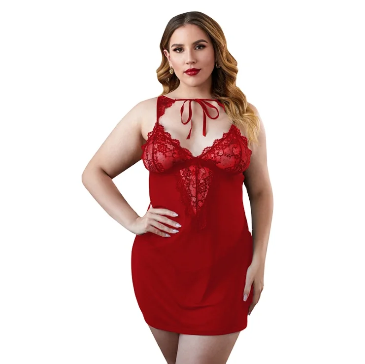 Lady interest pajamas bind lace join together sexy dress new fat MM condole belt sleep skirt