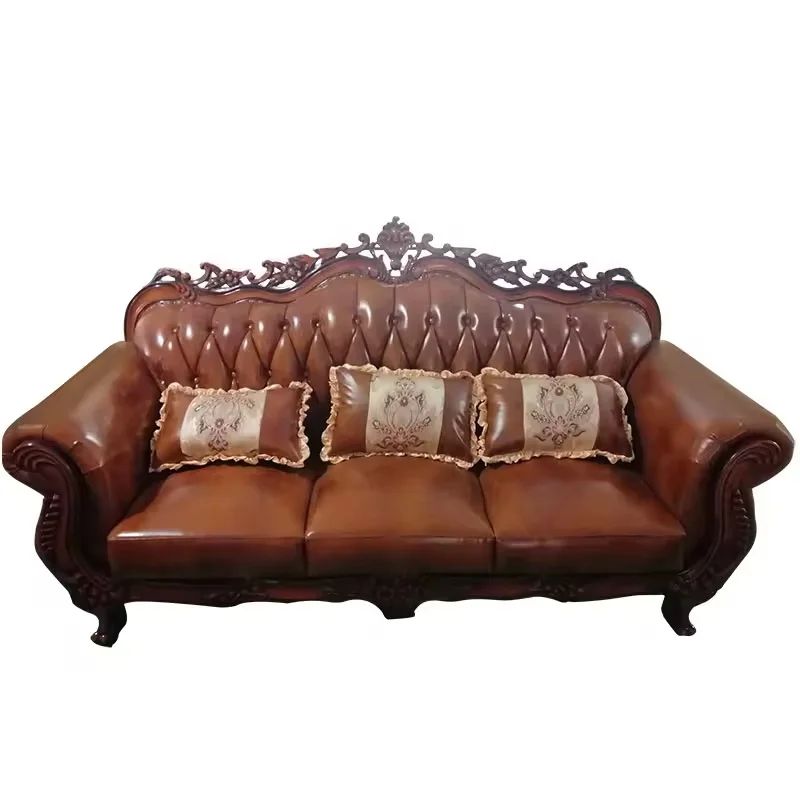 High-Quality European Leather Sofa Wood Hot-Selling Luxury Brown Vintage Sofa Elegant  Furniture Premium Leather Upholstery