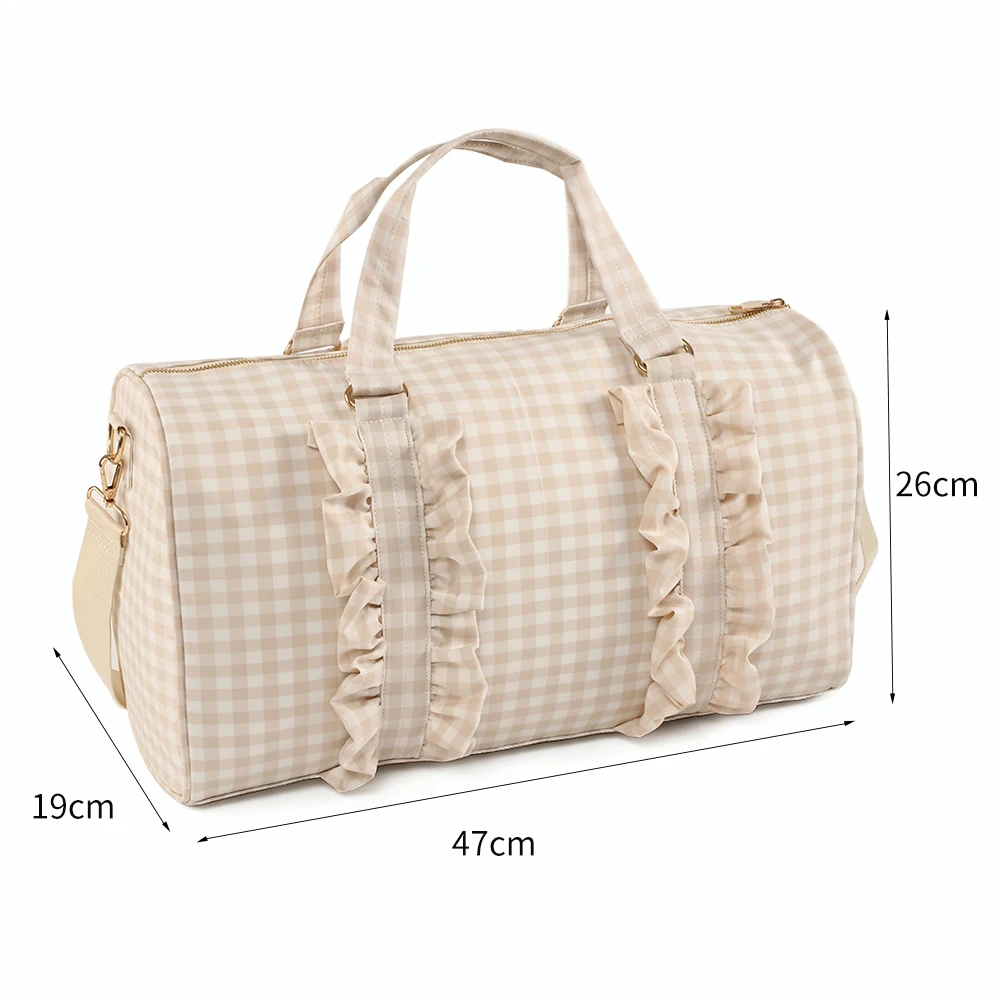 RTS Stock Beige INS Fashion Polyester Ruffle Personalized Glitter Patches Women Girls Leisure Classic Custom Travel Duffel Bag