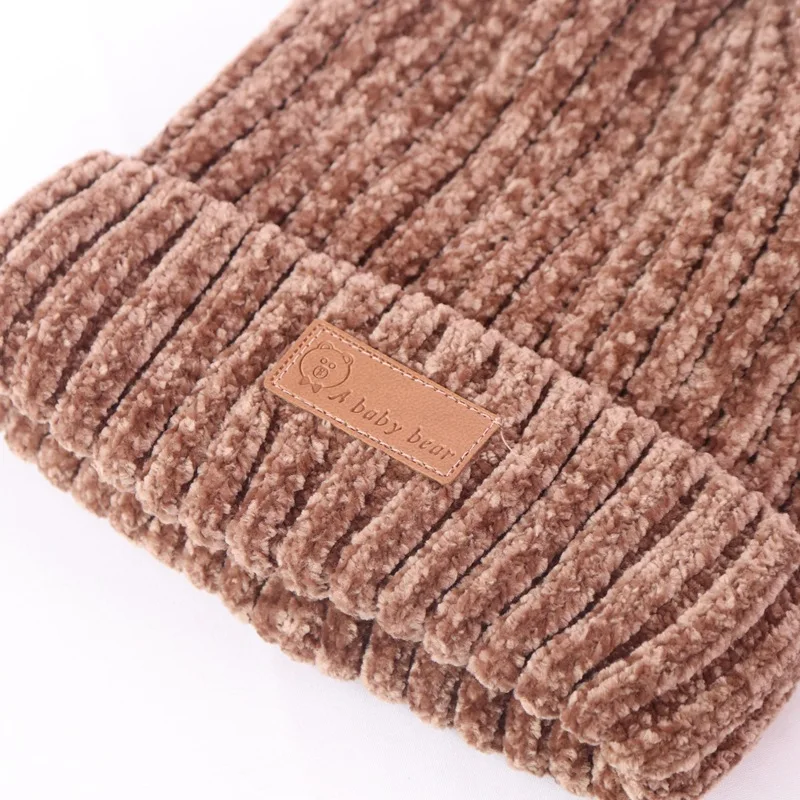 New Design winter pompom beanie hat scarf gloves 3 piece set thickened warm chenille wool hat for baby boys and girls  2-8y