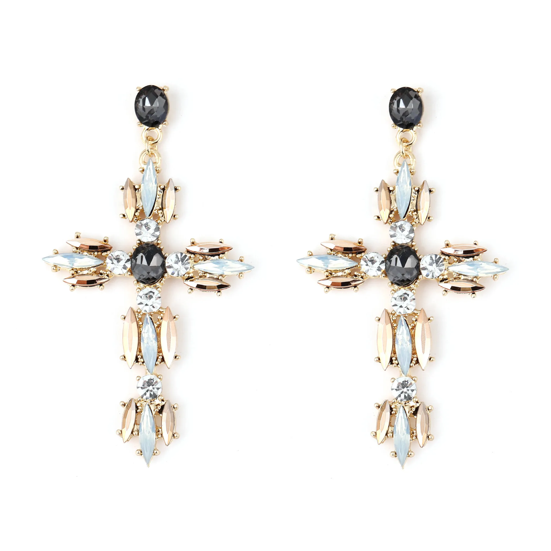 Trendy Multicolor Big Cross Stud Earrings Large Statement Crystal Dangle Earring Rhinestone Fashion Wedding Party Shiny Jewelry