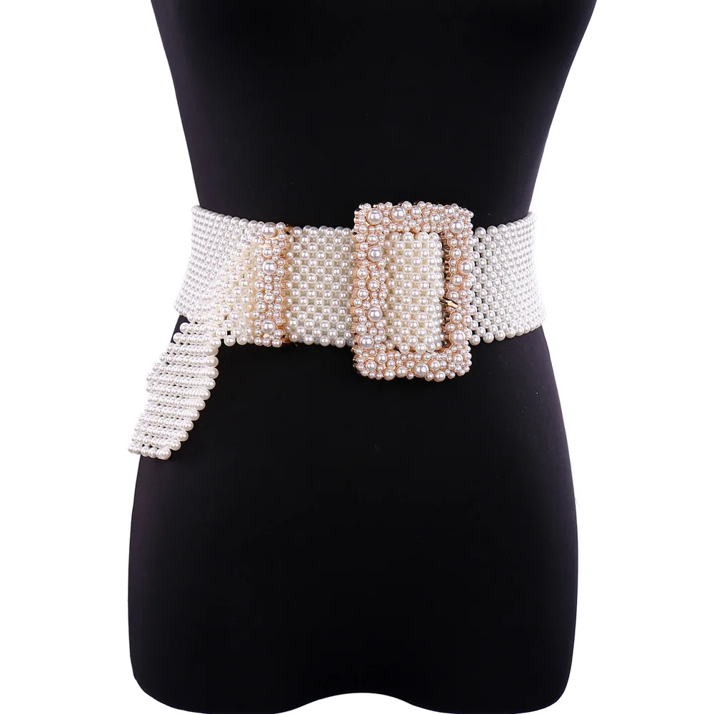 Fashion Lady Luxury Handmade White Beads Women Wide Waist Artificial Pearl Belt with Square Buckle