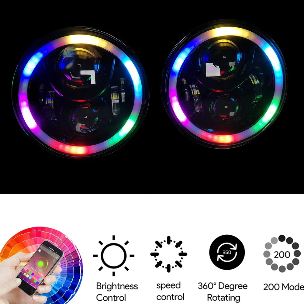 7 inch Round LED Headlight RGB Halo Angel Eyes Light With Mobile Phone APP Remote For TJ LJ JK  Hummer H1 H2 Headlamp