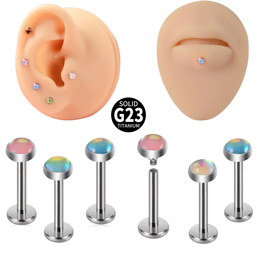 G23 Titanium Gradient Flash Lip Stud Flash Film Magic Inner Lip Ring T Inner Thread Straight Rod  Earrings Piercing